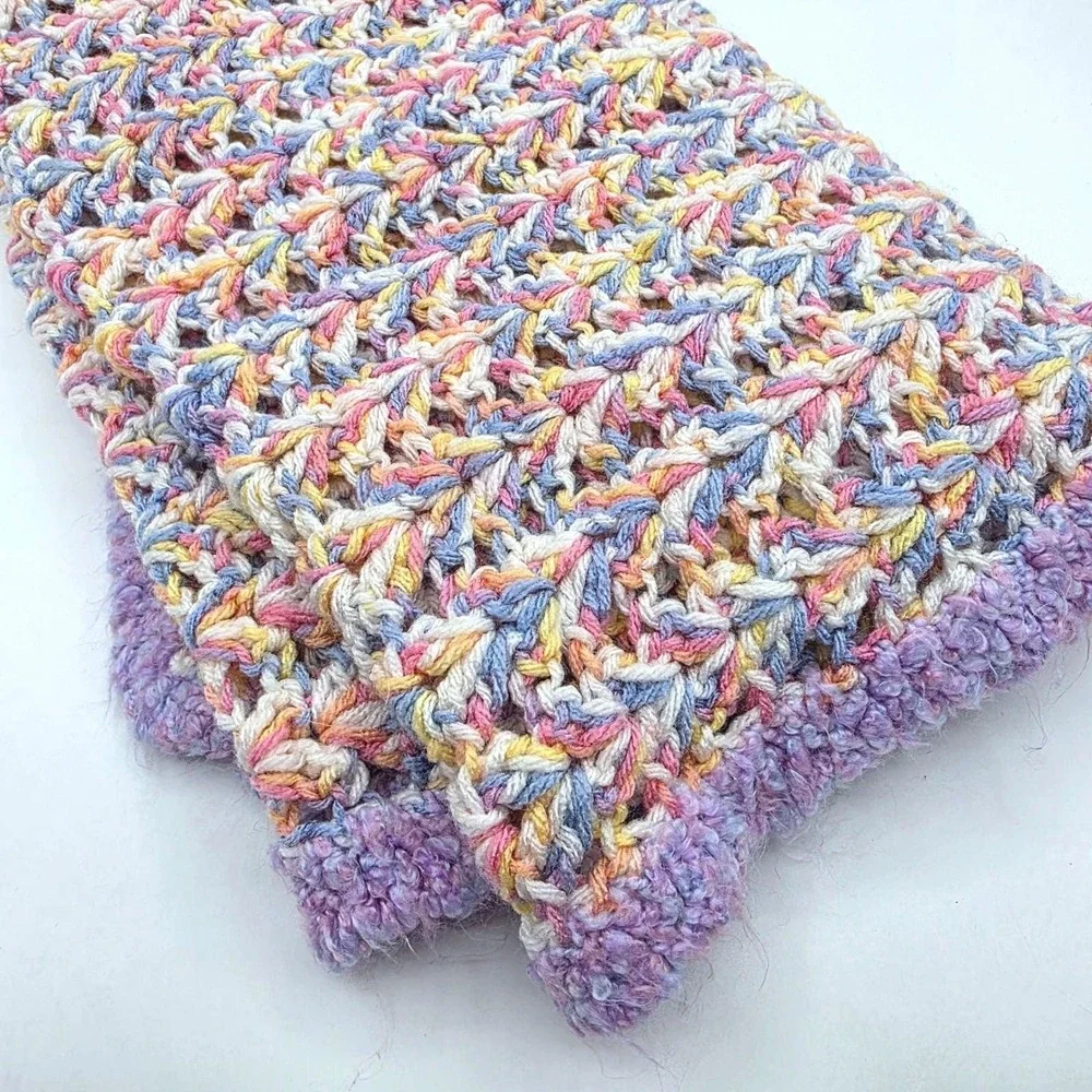 Handmade Crochet Baby Blanket Pastel Variegated Shell Stitch Lavender Border